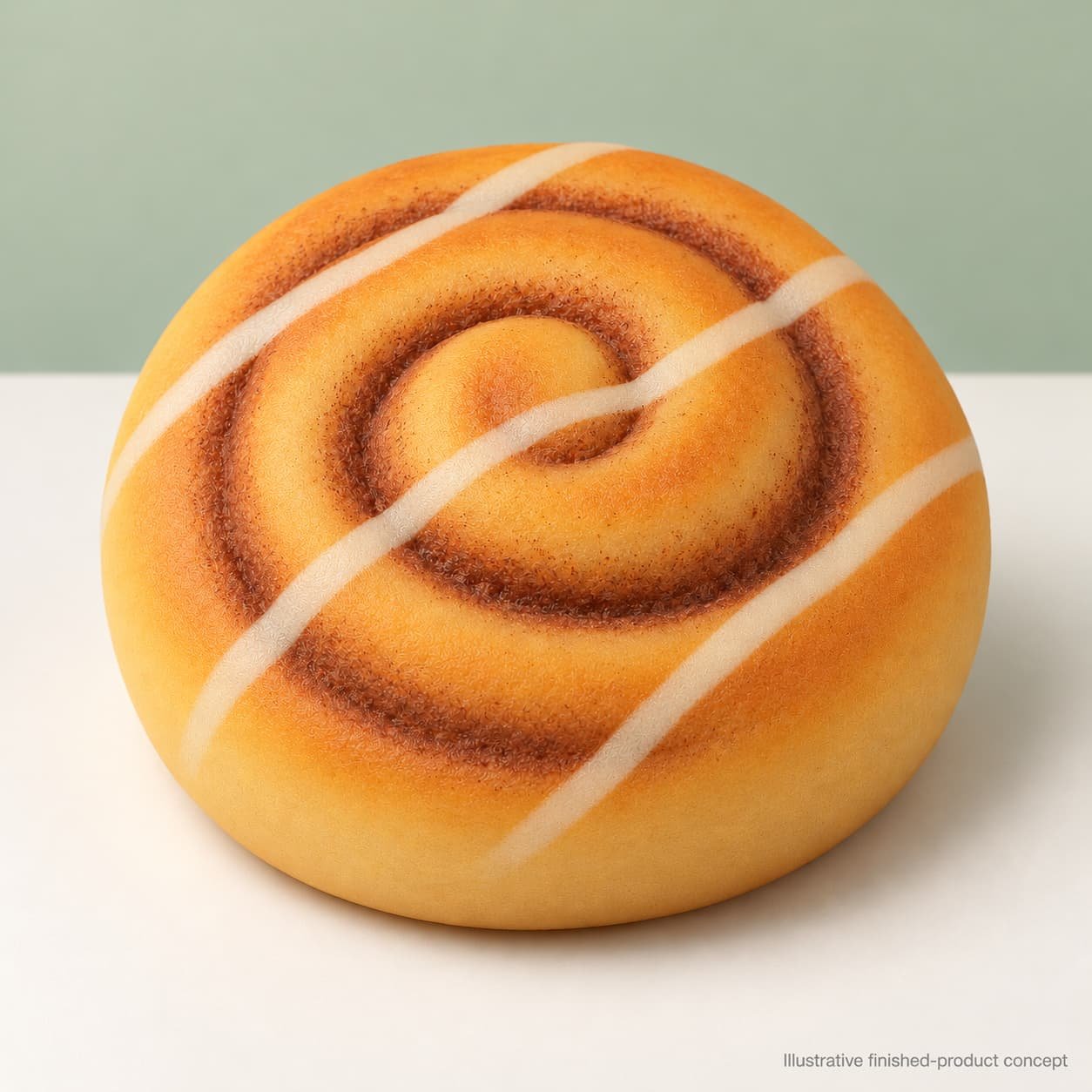 Custom PU cinnamon roll squishy concept with a closed spiral center and ivory paint strokes