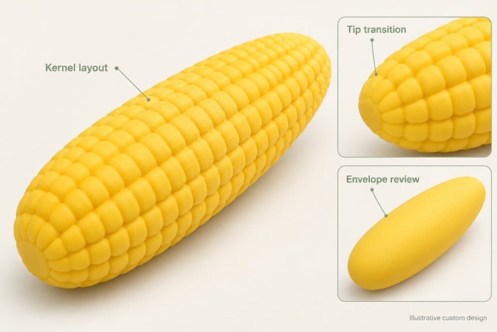 Illustrative corn squishy 3D review showing kernel layout and tapered tip transitions