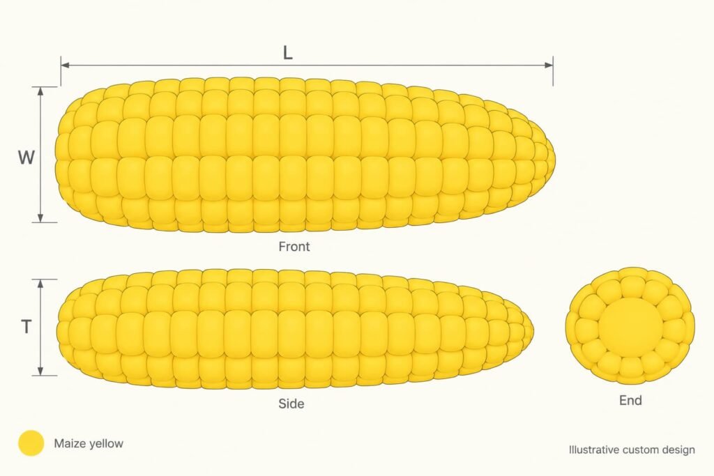 Colored front side and end views of a corn squishy with L W and T directions