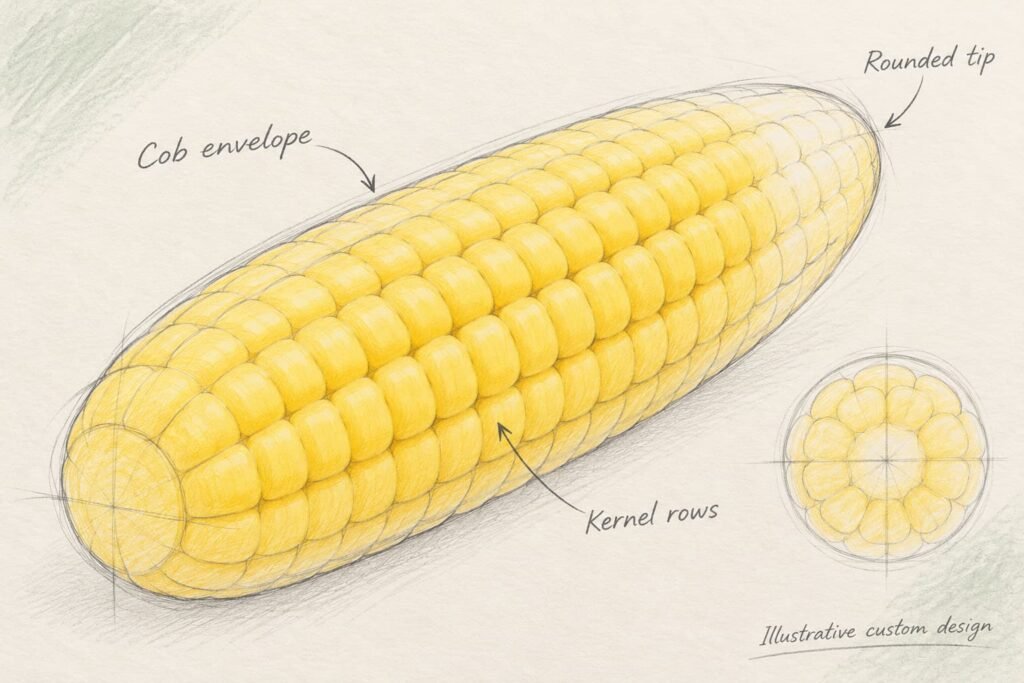 Corn squishy concept sketch showing the cob envelope kernel rows and rounded tip