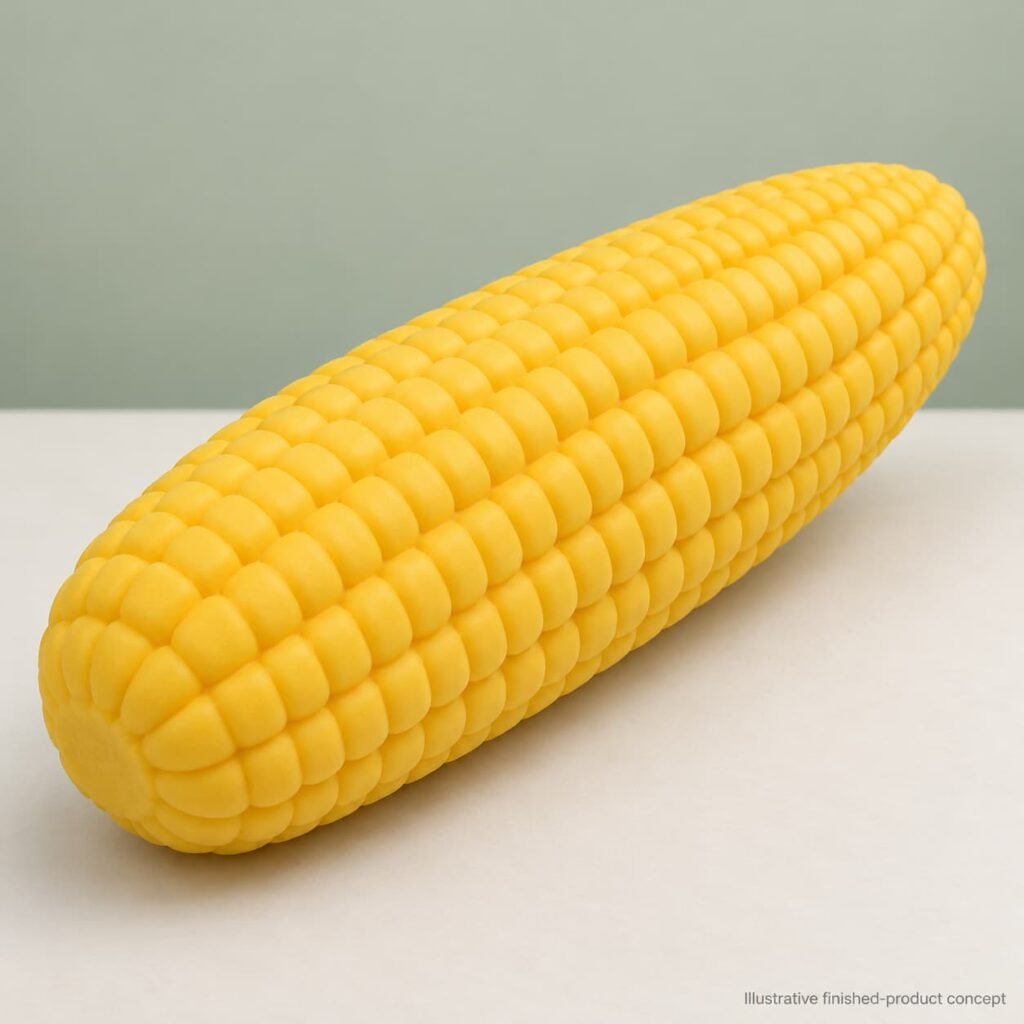 Custom PU corn squishy concept with rounded yellow kernels and a tapered cob