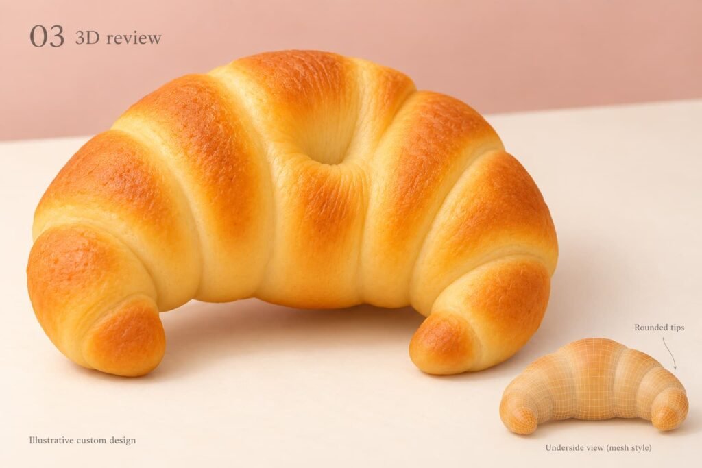 Illustrative croissant 3D form review with rounded tips and underside mesh