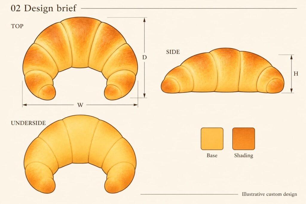 Colored croissant design views with W D H arrows and baked color swatches