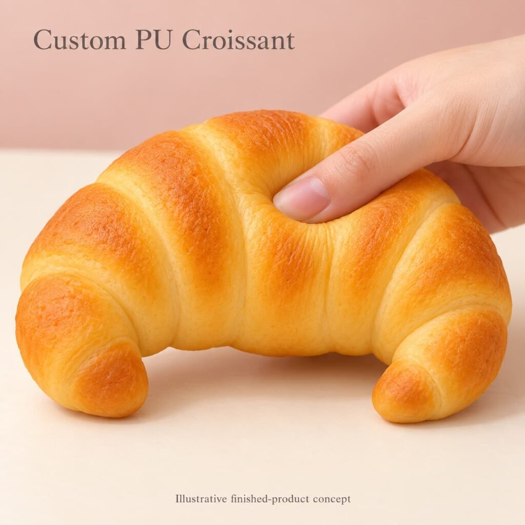 Golden PU croissant squishy shown as an illustrative finished-product concept