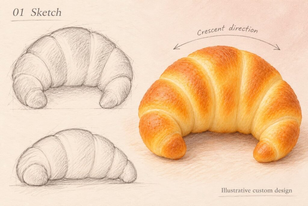 Colored pencil croissant sketch with top side and marker concept views