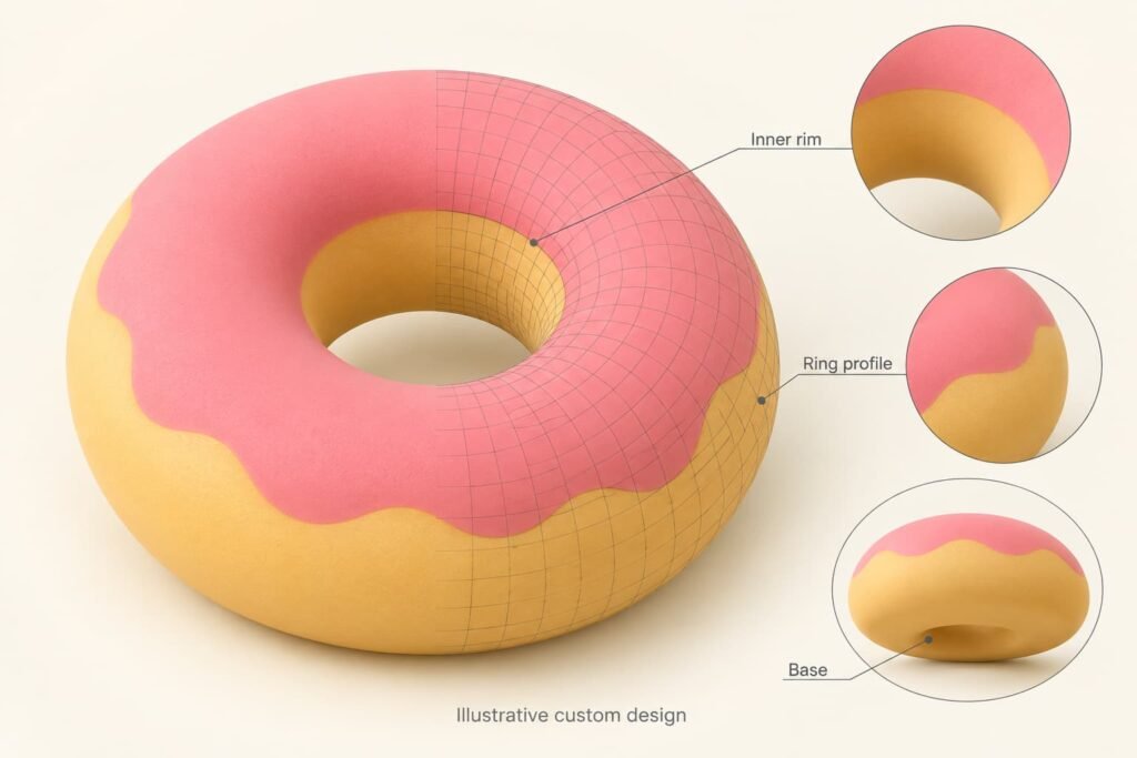 Colored clay-style donut squishy concept with a partial mesh showing the inner rim, ring profile and base
