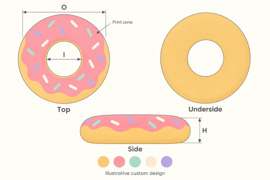Colored top, side and underside donut squishy design views with outer diameter, inner opening and height annotations