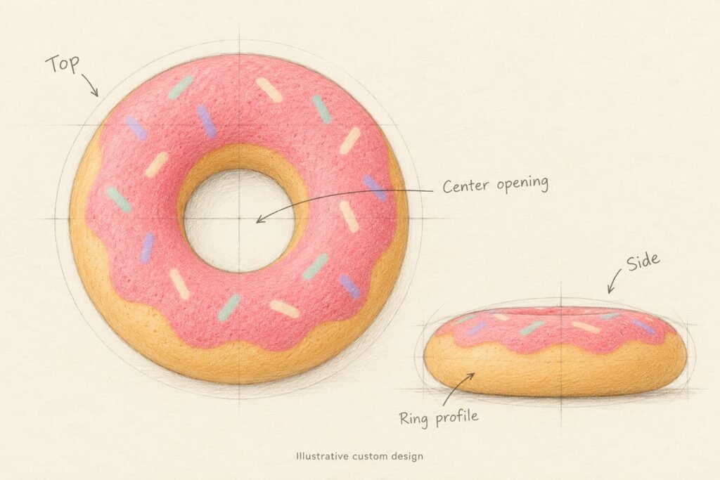 Hand-drawn top and side donut squishy sketches showing the center opening and rounded ring profile