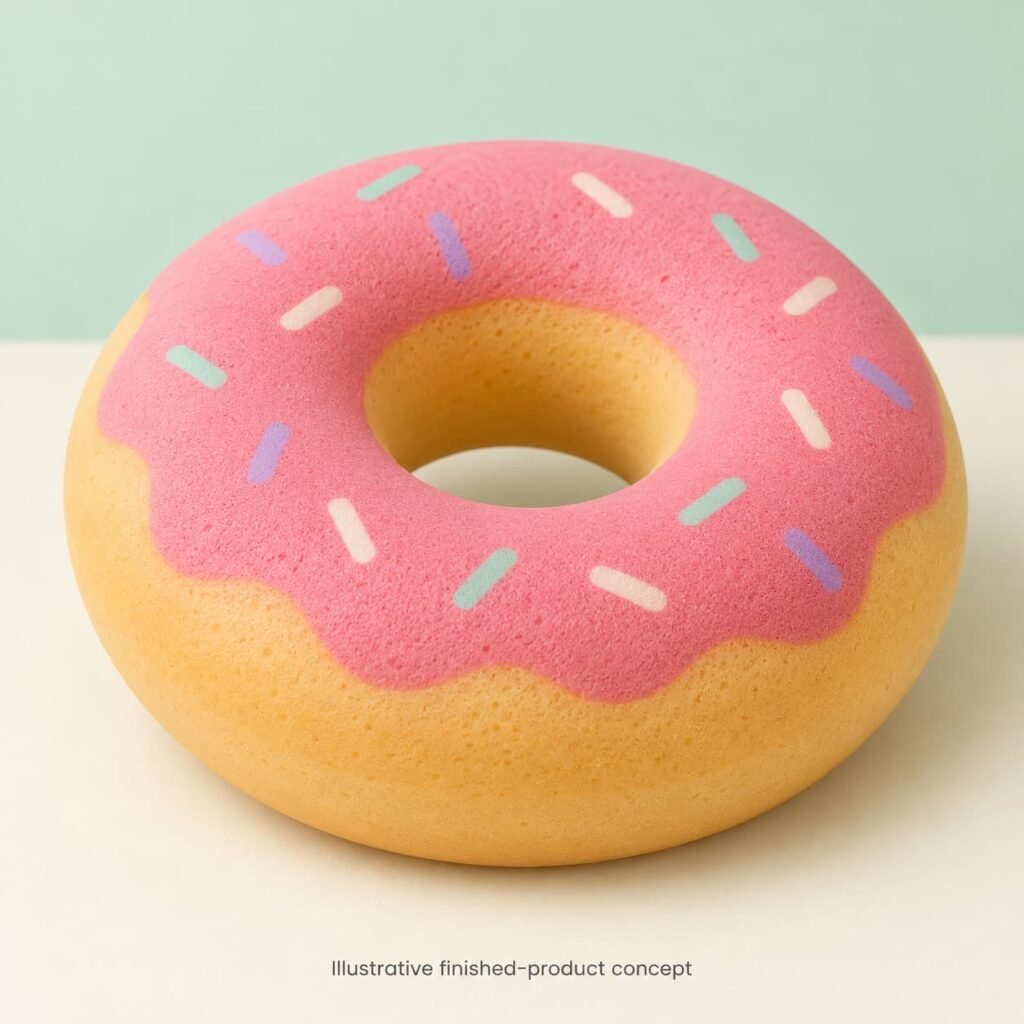 Illustrative custom PU donut squishy with an open center, pink frosting color region and flat pastel sprinkle graphics