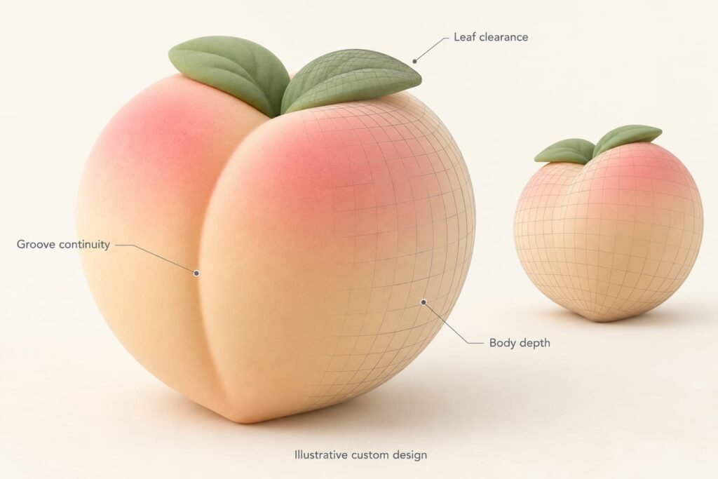 Colored 3D peach squishy concept with a partial mesh overlay for groove and leaf clearance review