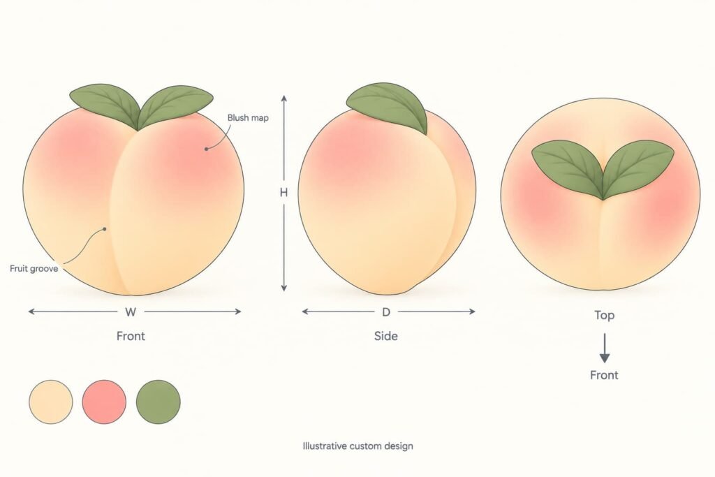 Colored front, side and top design views of the same PU peach squishy with a blush map
