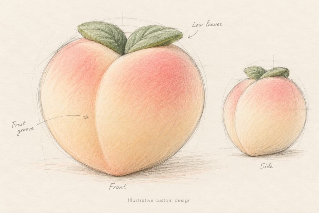 Hand-drawn front and side sketches of an original custom peach squishy with a labeled fruit groove
