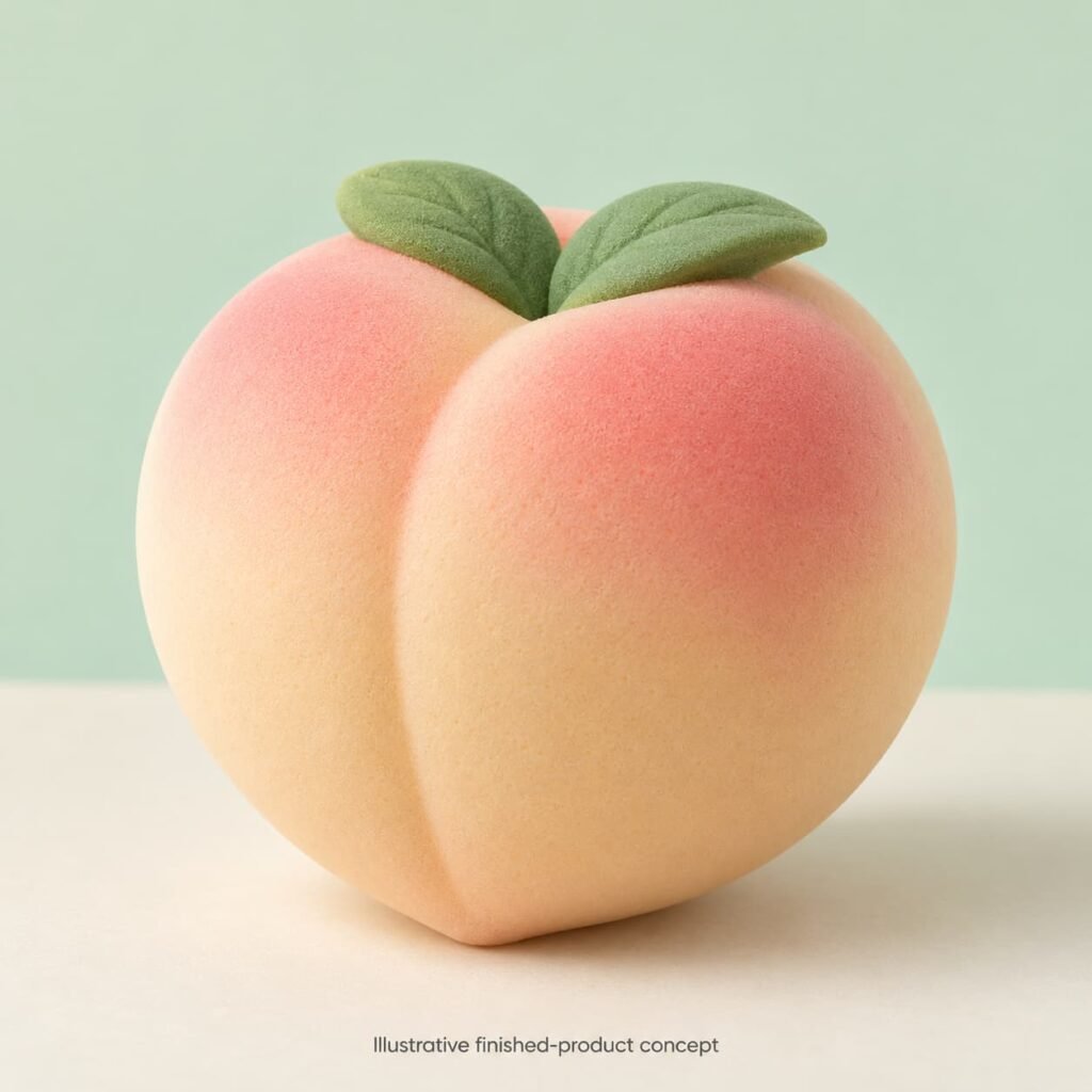 Illustrative custom PU peach squishy with pink shoulder blush, a shallow front groove and two green leaves
