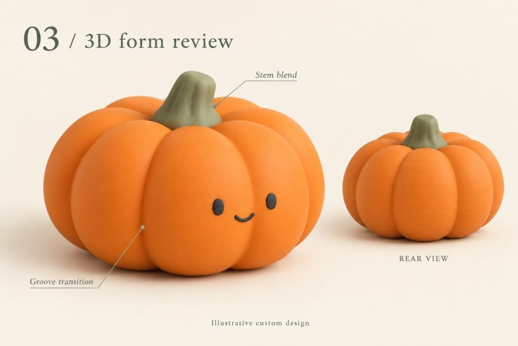 Illustrative pumpkin squishy 3D form review highlighting the stem blend and groove transition with a rear study
