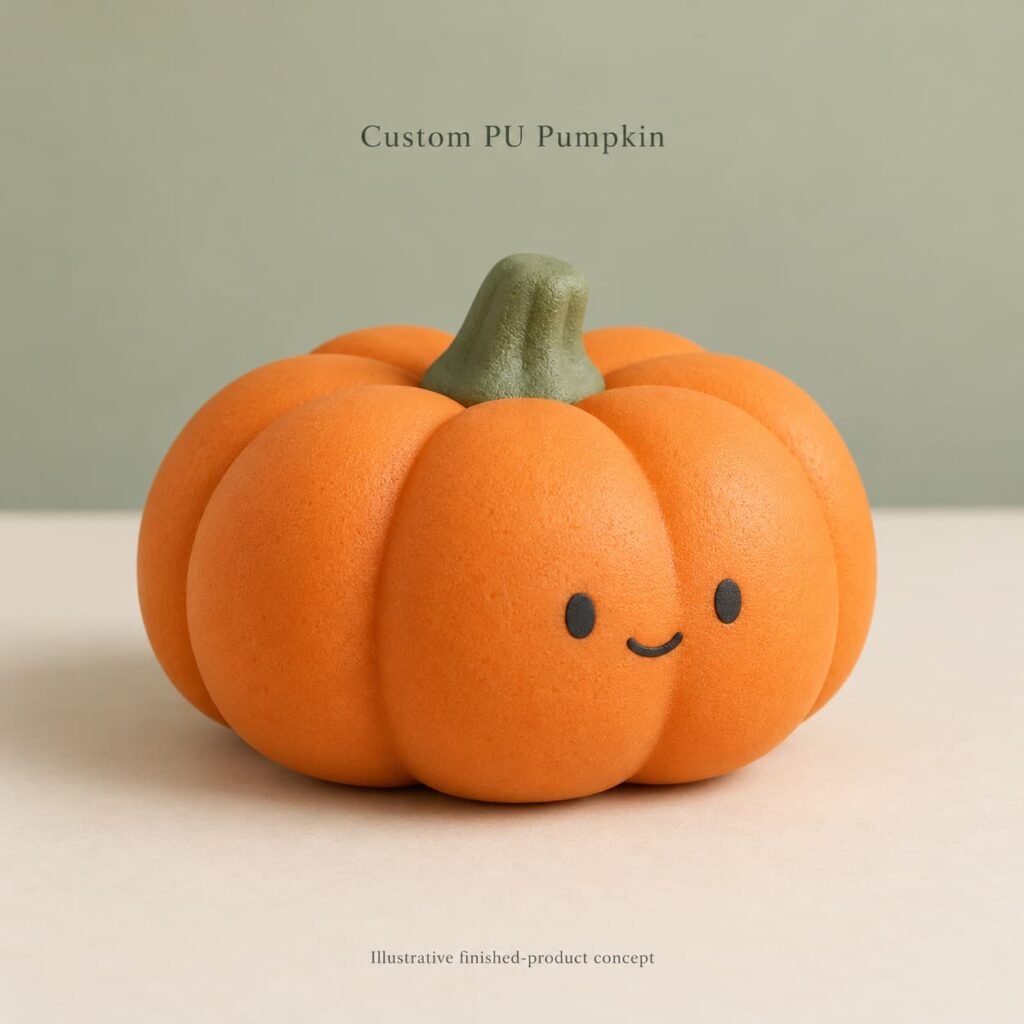 Custom PU pumpkin squishy concept with broad orange lobes, a short green stem and a simple friendly face