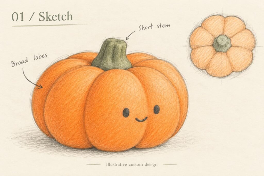 Hand-drawn pumpkin squishy concept sketch showing broad lobes, a short stem and a top study