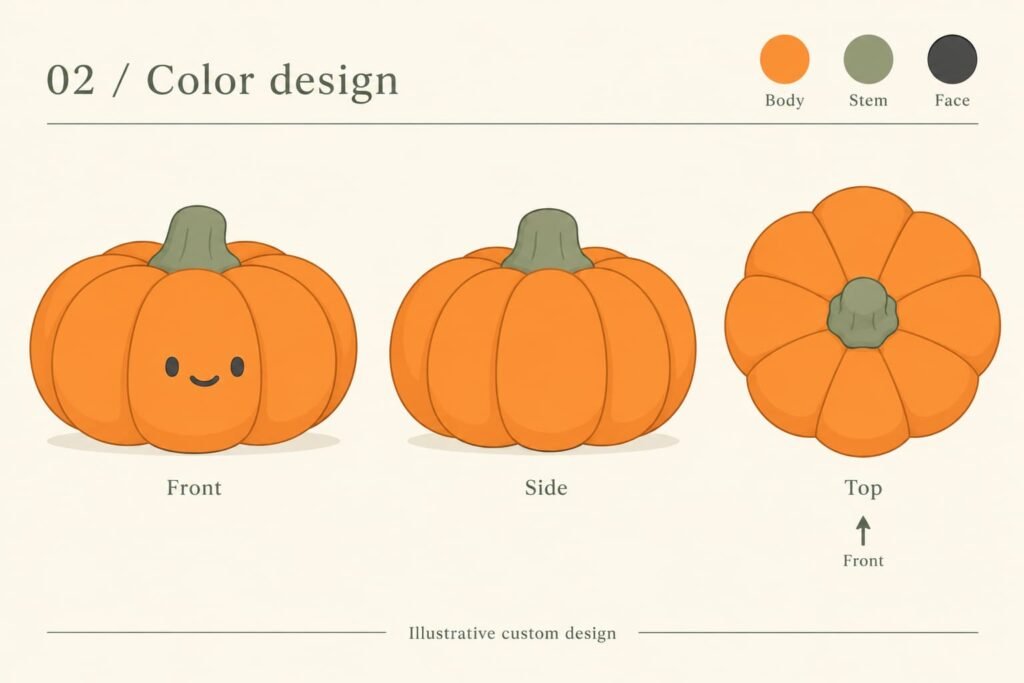 Colored front, side and top appearance views of one pumpkin squishy with body, stem and face color zones