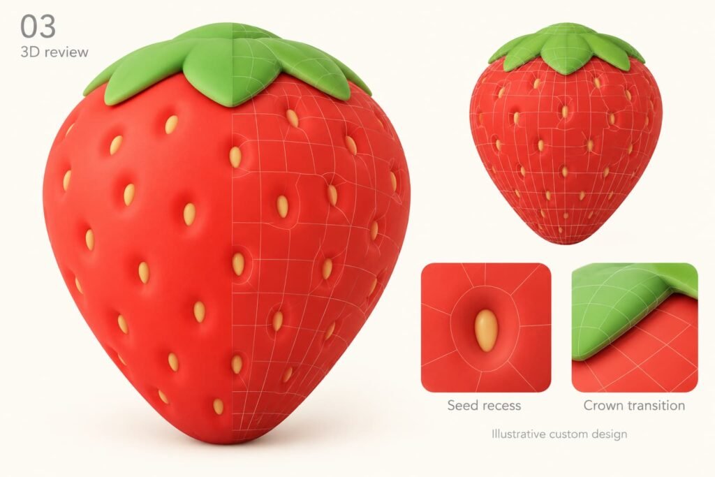 Illustrative colored strawberry 3D geometry review with seed and crown details