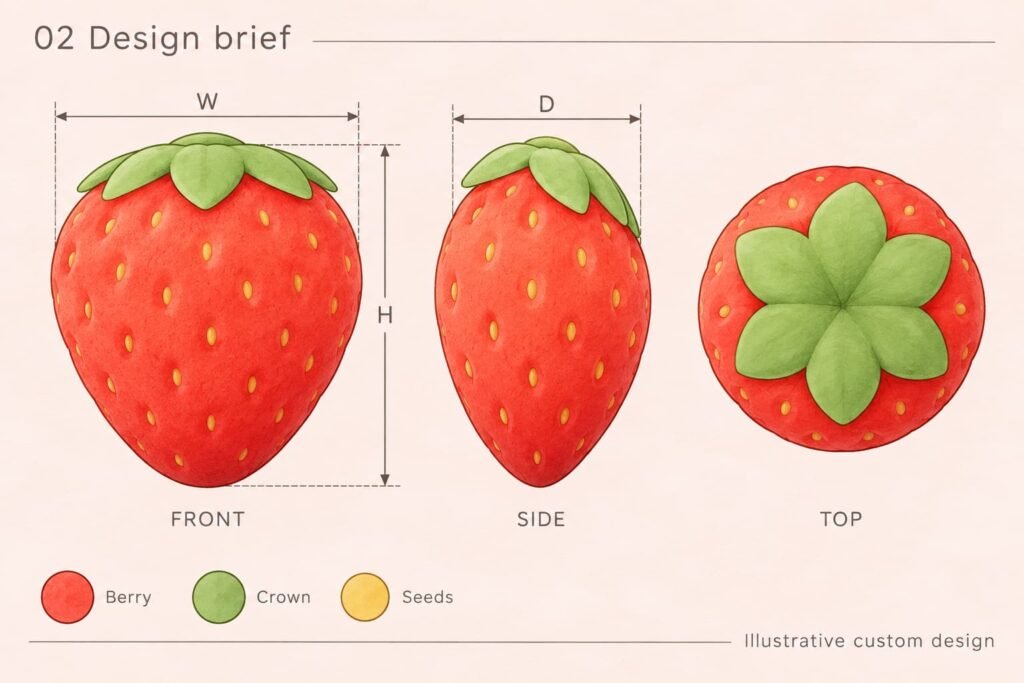 Colored strawberry front side and top design views with W D H guides and color swatches