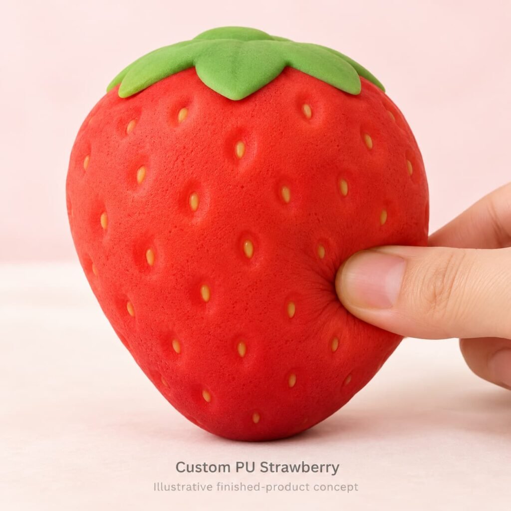 Coral-red PU strawberry squishy shown as an illustrative finished-product concept