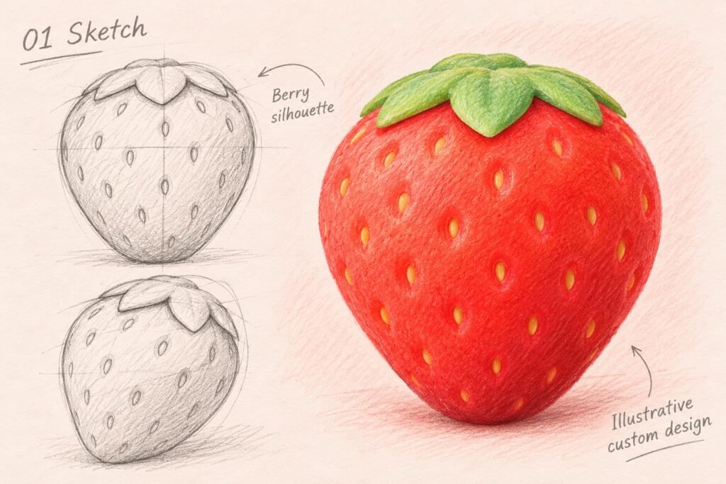 Colored pencil strawberry sketches showing front side and berry concept views