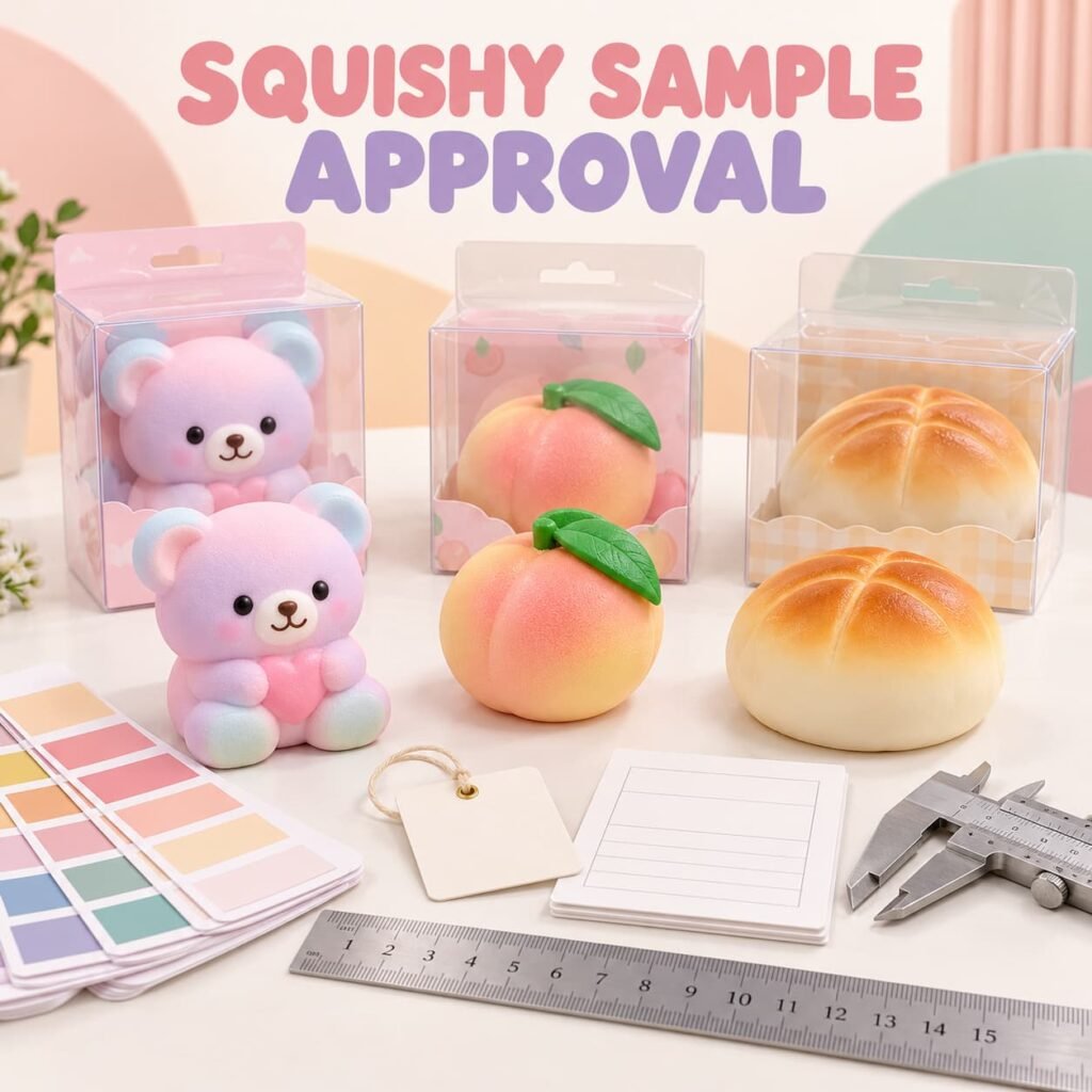 Custom squishy toy sample approval with PU foam TPR products packaging and measuring tools
