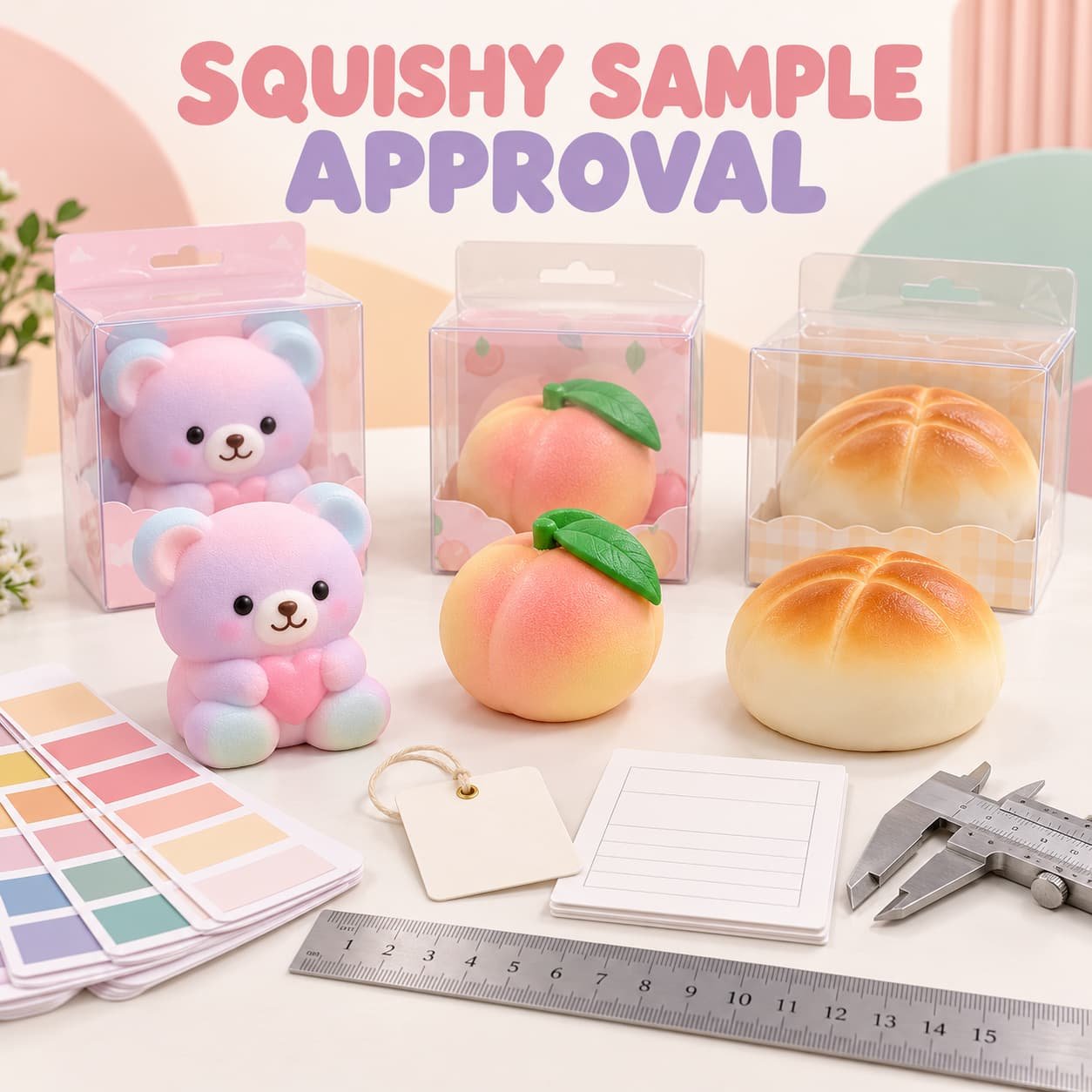 Custom squishy toy sample approval with PU foam TPR products packaging and measuring tools