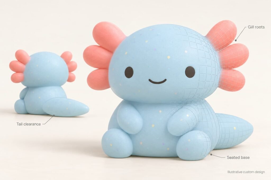 Colored clay-style axolotl 3D concept with a partial mesh for gill-root, tail and seated-base review