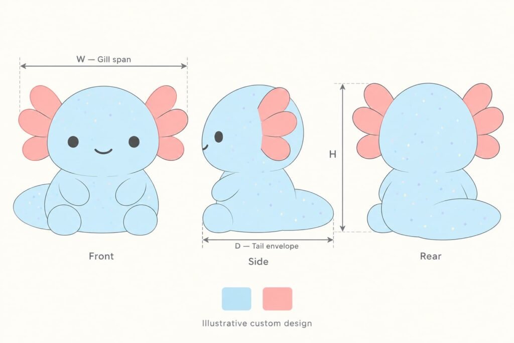 Colored front, side and rear views of the same axolotl squishy with gill and tail envelope annotations