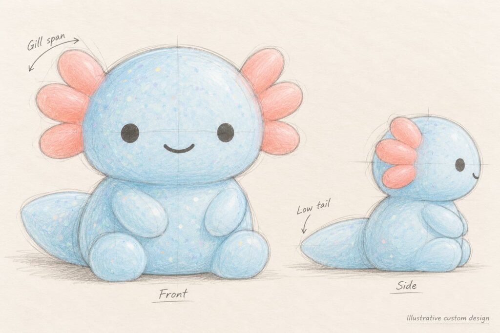 Colored front, side and rear views of the same axolotl squishy with gill and tail envelope annotations