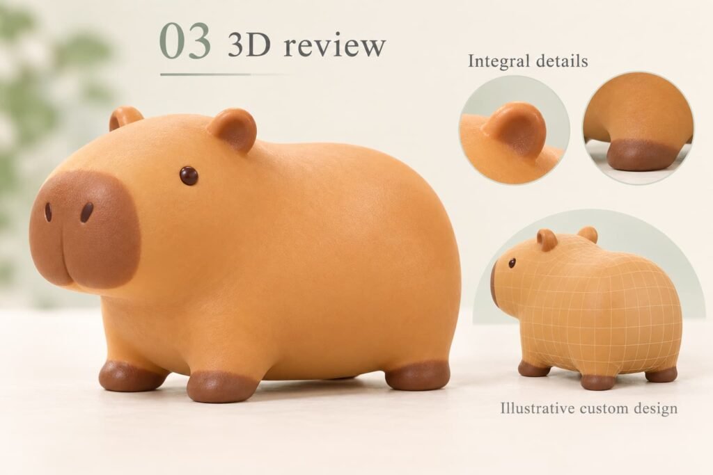 Capybara design views with length width height arrows and body color references