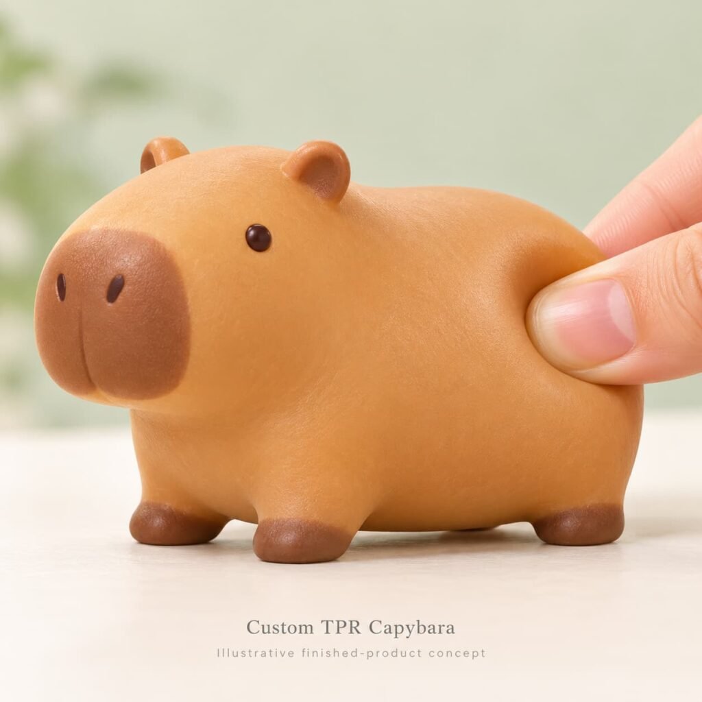 Honey-tan capybara squeeze toy shown as an illustrative finished-product concept