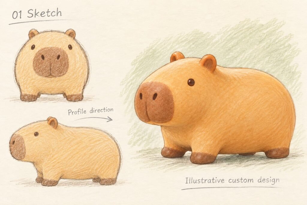 Colored pencil capybara sketches showing front side and three-quarter concept views