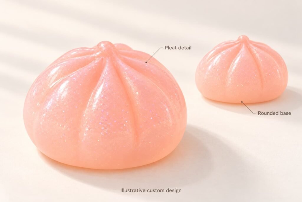Colored front and top views of the same dumpling squishy concept with three color-direction swatches
