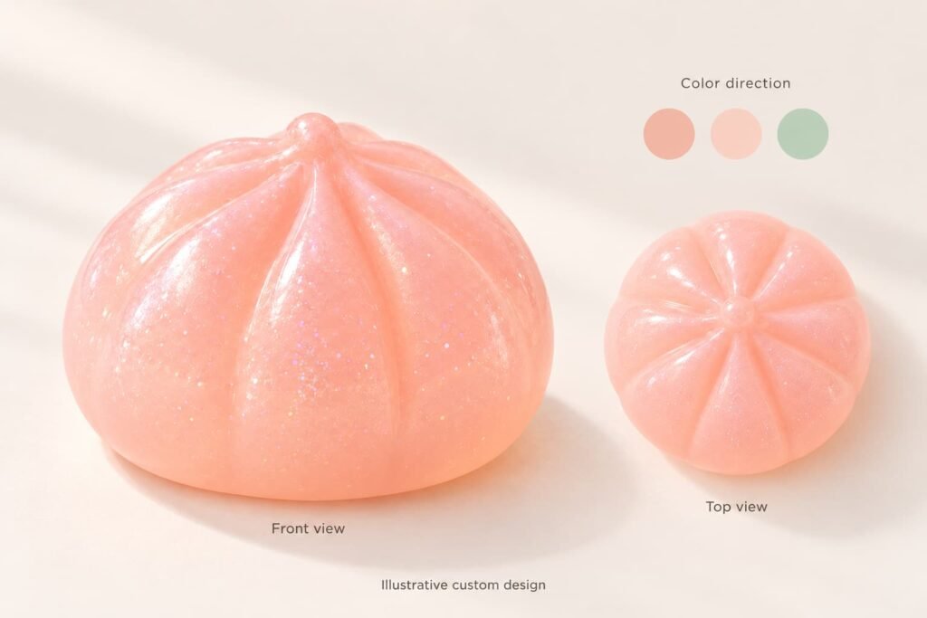 - 替代文本：Three-dimensional peach-pink dumpling concept views highlighting rounded pleats and base
- 标题：Custom Dumpling Squishy 3D Shape Review
