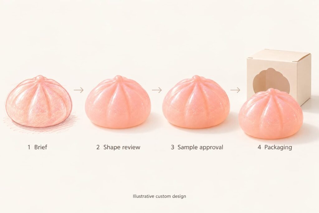 Four illustrated stages for one dumpling squishy project from brief and shape review to sample and packaging approval