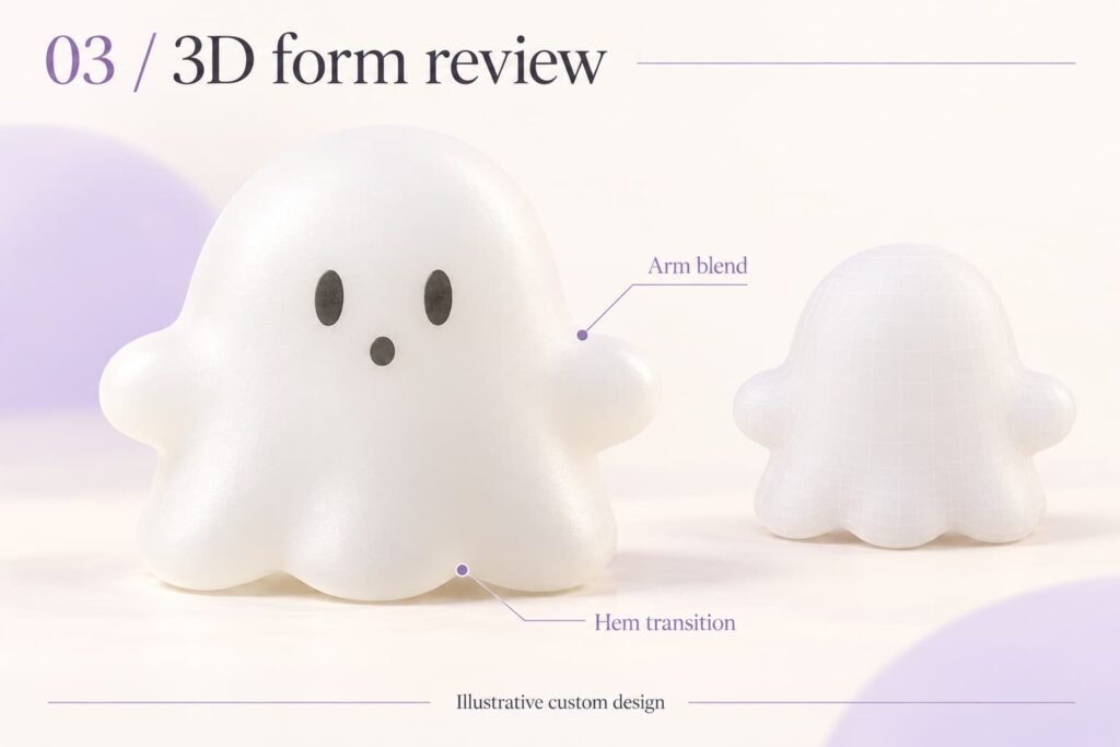 Illustrative ghost squishy 3D form review showing the arm blend, hem transition and a rear study