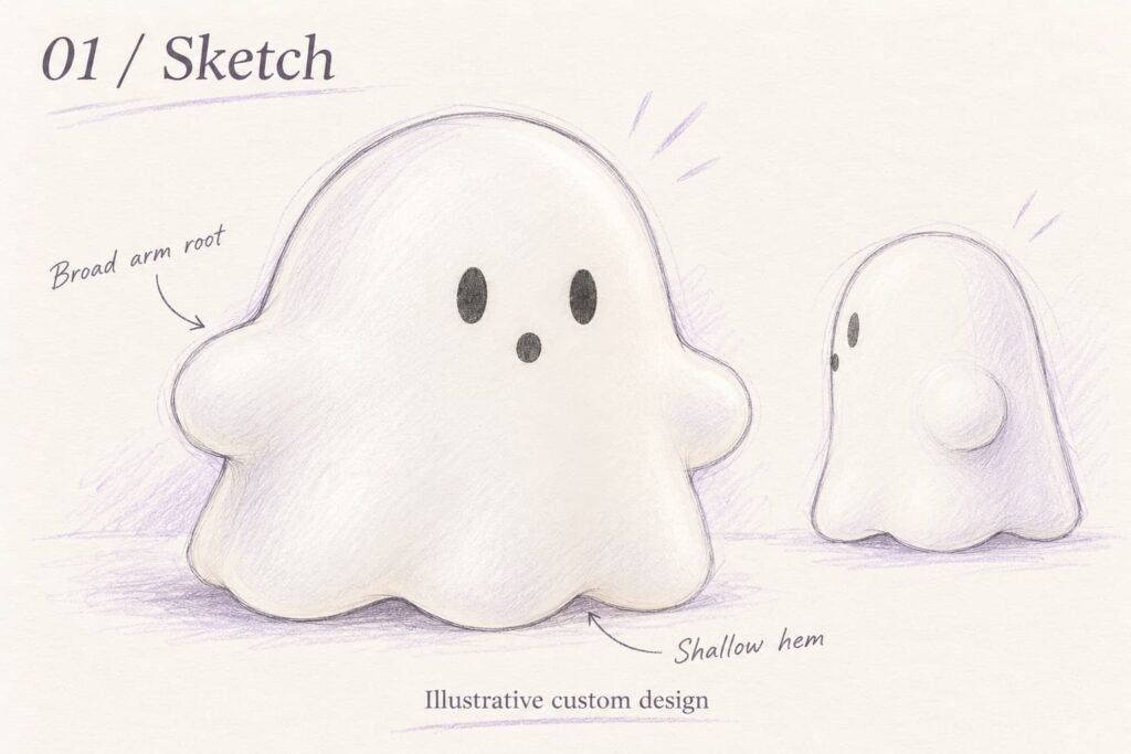 Hand-drawn ghost squishy concept sketch highlighting a broad arm root and shallow scalloped hem