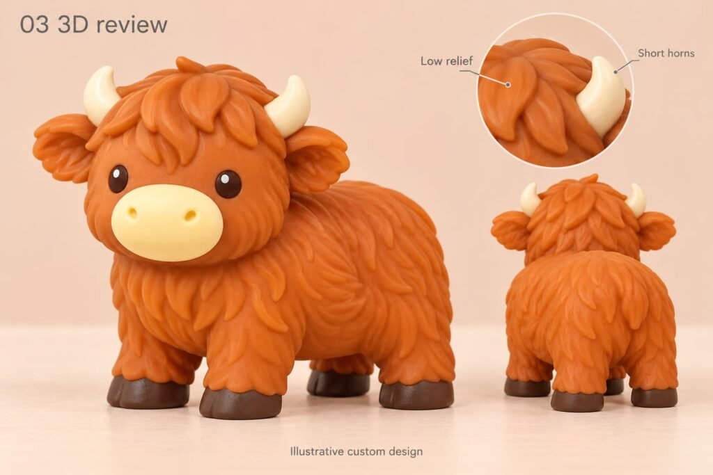Illustrative Highland cow 3D review showing the rear and a horn and fringe detail
