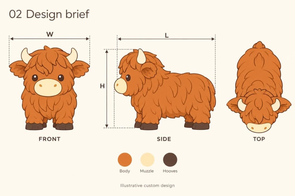 Colored Highland cow front side and top views with L W H dimension guides