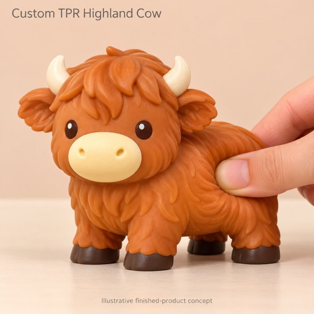 Caramel standing Highland cow squeeze toy shown as an illustrative finished-product concept