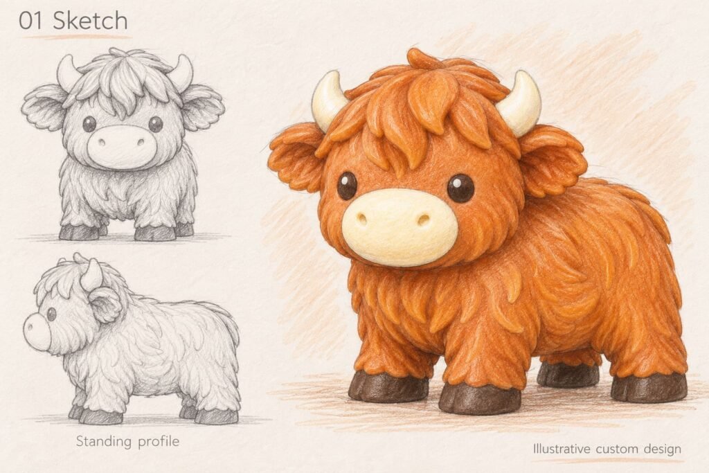Colored pencil Highland cow sketches showing front side and standing concept views