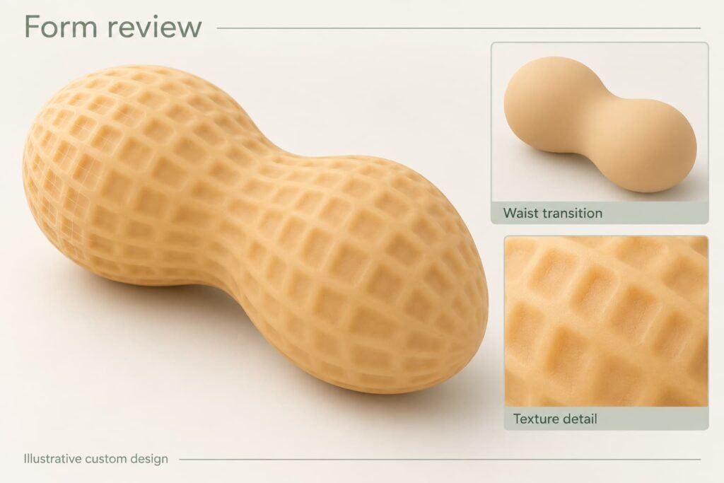 Illustrative peanut squishy 3D review of the waist transition and shell texture