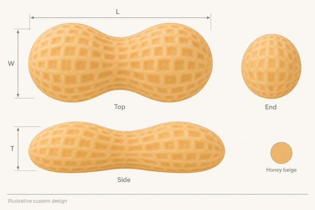 Colored peanut squishy top side and end views with L W and T annotation directions