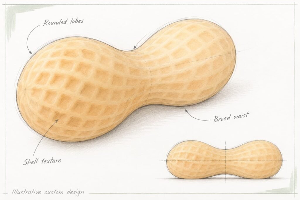Hand-drawn peanut squishy concept sketch showing rounded lobes and a broad waist