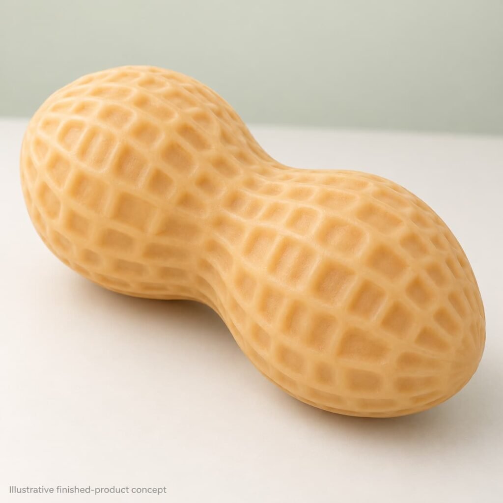 Custom TPR peanut squishy concept with rounded lobes and shallow shell texture