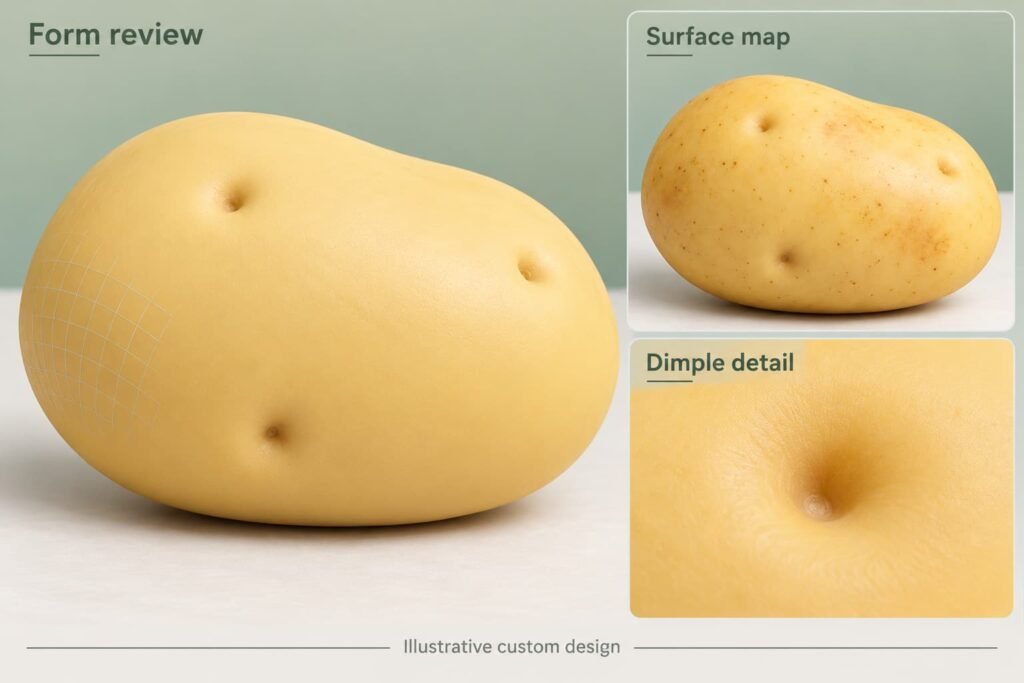 Illustrative potato squishy 3D review separating plain form from speckles and dimple details