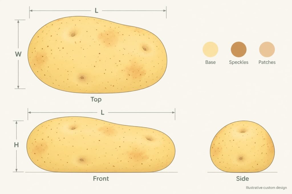 Colored potato squishy top front and side views with base speckle and patch references