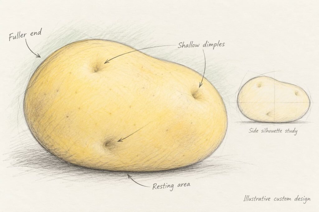 Potato squishy concept sketch showing the fuller end shallow dimples and resting area