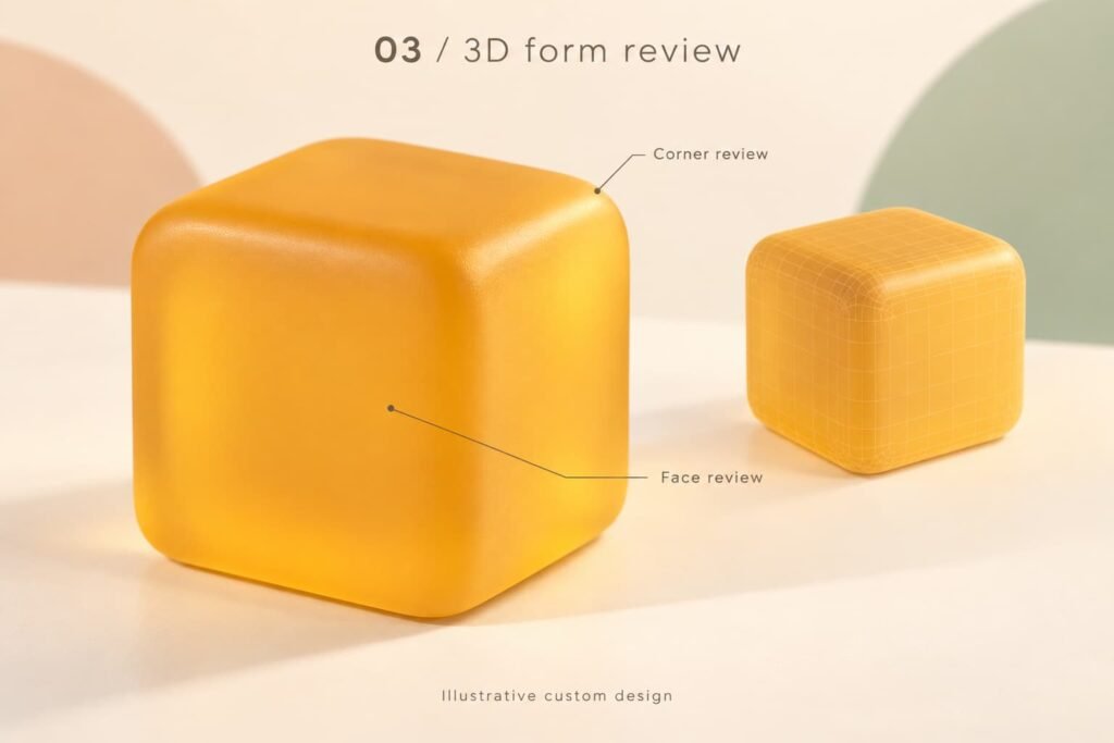Illustrative squishy cube 3D form review with rounded-corner and face callouts plus a mesh study